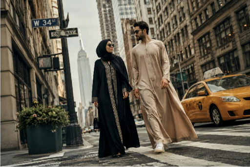 Muslim couple wearing contemporary abaya and thobe styles while exploring city life in the USA, highlighting modern modest fashion