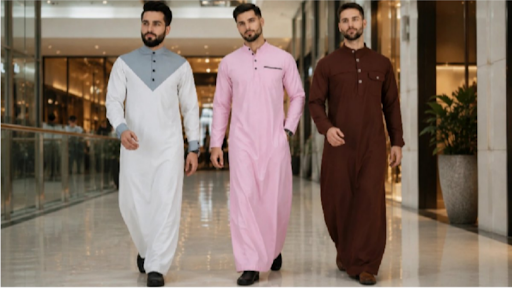 Premium thobes for men in multiple colors displayed by models in a modern retail environment