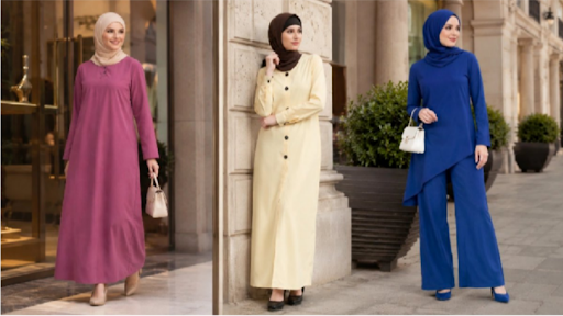 Modern modest fashion for women featuring elegant dresses, hijabs, and comfortable Islamic clothing styles