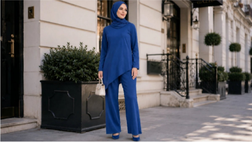 Muslim woman styling a blue two-piece co-ord set with hijab in a modern urban setting